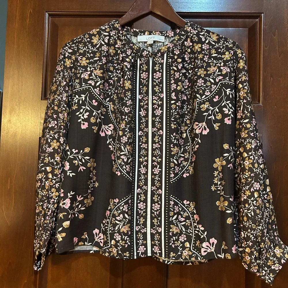 LOFT Black Floral Long-Sleeve Blouse